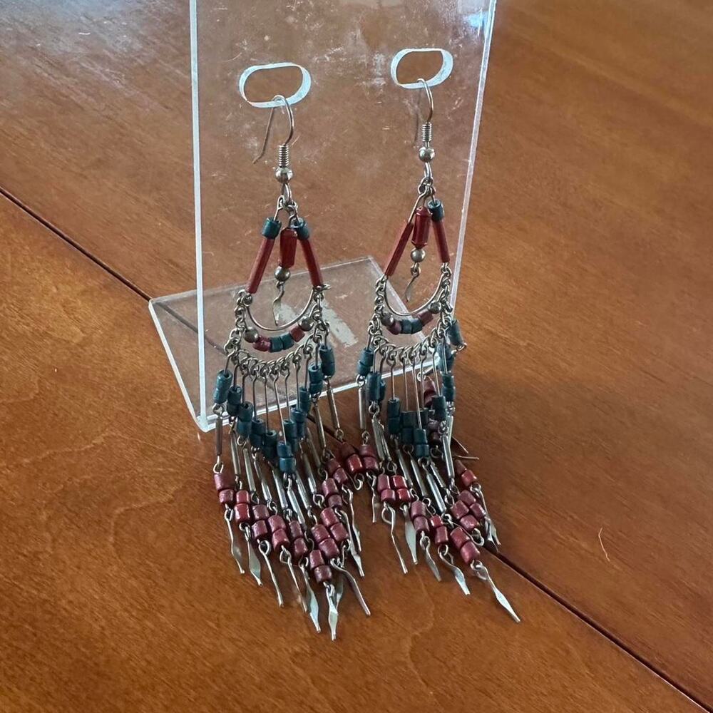 Vintage Women’s Beaded Earrings Red Blue Silver Dangle Boho